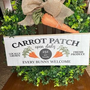 Cute Spring Carrot Patch Sign on 18” Greenery Wreath & Easter sign
